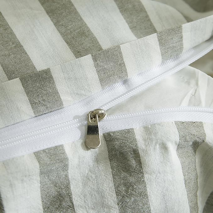 Striped Duvet Cover Set Twin XL, 100% Washed Cotton Striped Bedding Set, 3 Pieces White Grey Stripes Pattern Printed Comforter Cover, Durable Soft Breathable Duvet Cover with Zipper Closure & 4 Ties