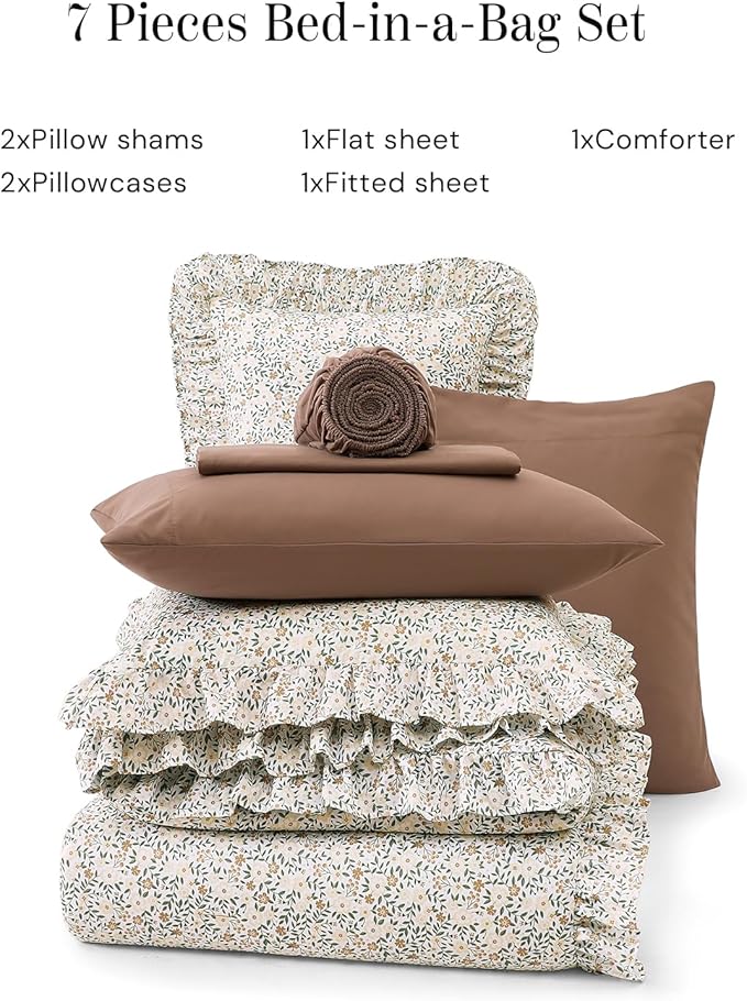 Full Comforter Set - 7 Pieces Ruffle Beige Ditzy Bedding Sets, Shabby Chic Farmhouse Bed in a Bag Full with Floral Comforter, Sheets, Pillowcases & Shams