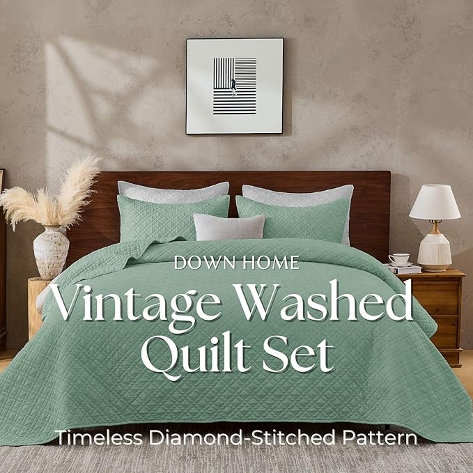 Queen Quilt Set with Shams Lightweight Quilted Bedspread Coverlet Thin Comforter Bed Cover Vintage Washed Quilted Blanket for All Season, Brushed Microfiber Diamond Stitching, Green, 88"x92"
