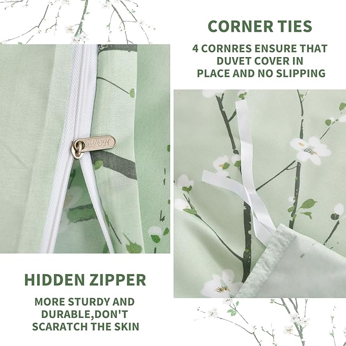 WONGS BEDDING Sage Green Floral Duvet Cover Set Queen, 3 Pieces Flower Plum Blossom Printed Bedding Set with 2 Pillow Shams, Botanical Branch Comforter Cover Set Queen Size 90"X90"(Not Comforter)