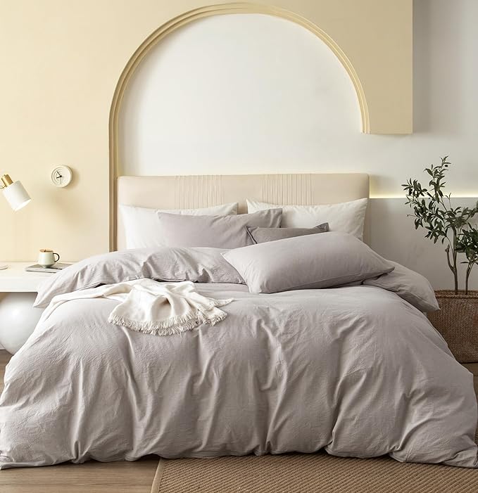JIYUAN 100% Washed Cotton Duvet Cover Set 3 Pieces Full, 1 Duvet Cover 80x90 Inches(Comforter Not Included) and 2 Pillowcases,Linen Feel Bedding Set Comfy and Breathable, Heathered Cream Grey
