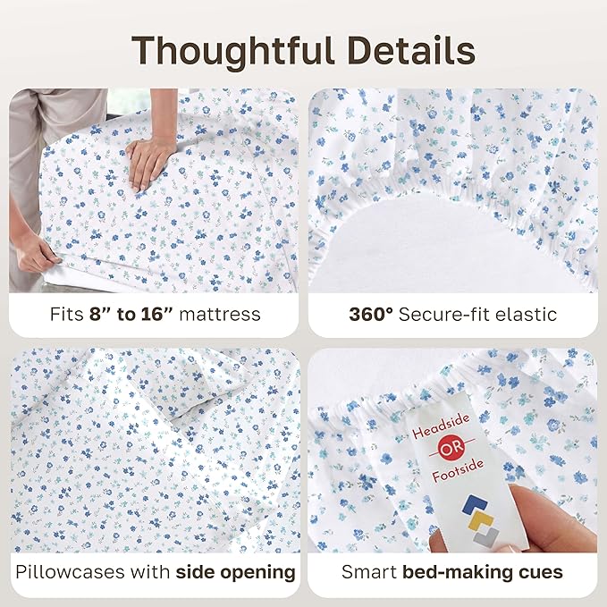 California Design Den Floral Pattern King Size Sheets Set - 400 Thread Count, Soft Sateen, Natural 100% Cotton Sheets, Deep Pockets, and Durable Bedding Set - Blooming Meadows