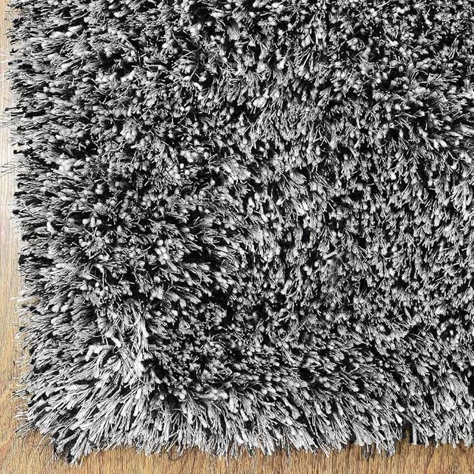 Hand Tufted SHAG Polyester ECO-Friendly Area Rugs - 5'x8', Rectangle, Black White, Solid Plain Design, High Pile Thick Handmade Anti Skid Rugs for Living Room, Bed Room K00111