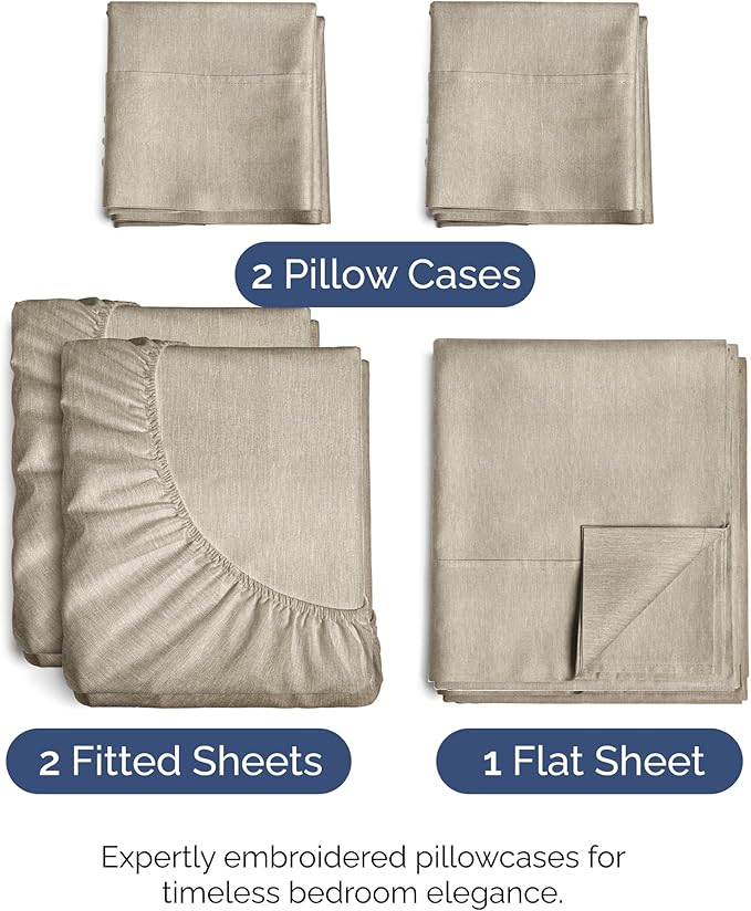 Split King Size 5 Piece Sheet Set - Comfy Breathable & Cooling Bed Sheets Set - Hotel Luxury Bedding for Women, Men, Kids, Teens, Boys & Girls - Deep Pockets & Wrinkle Free - Beige (Heathered Sheets)