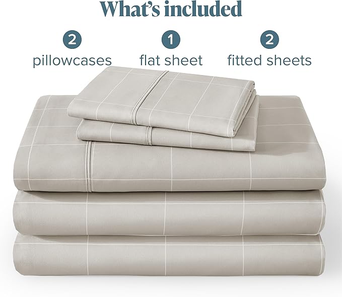 Bare Home Split King Sheet Set - 1800 Ultra-Soft Microfiber Double Brushed - Deep Pockets - Easy Fit - 5 Piece Set - Bed Sheets & Pillowcases (Split King, Grid - Stone/White)