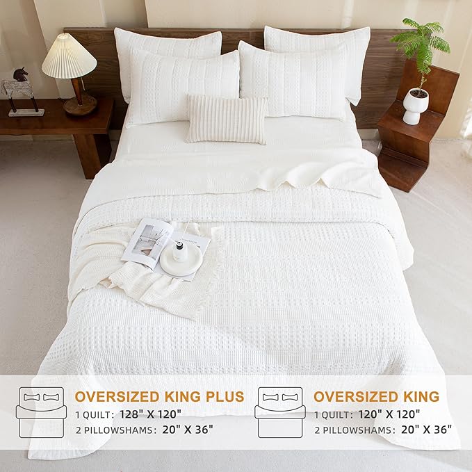Sanracie Cotton Oversized King Bedspread(128"x120"),White Waffle Quilt Set 3Pcs Soft Lightweight Extra Large King Quilt Bedding Set,Farmhouse Coverlet Quilt Set Shabby Vintage Chic Bedding Set
