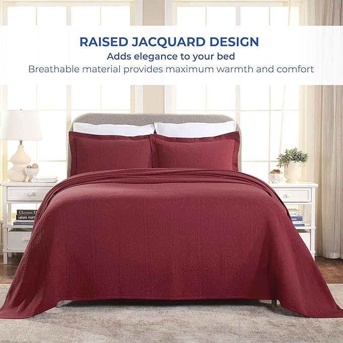 Superior Cotton Fleur De Lis Bedspread Set, Warm Blankets, All-Season Bedding, Bedroom Decor, Decorative Boho Medallion Coverlet, Includes 1 Bedspread, 1 Pillow Sham, Twin, Garnet