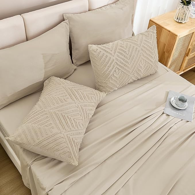 Andency Khaki Super King Plus Size Comforter Set with Sheets - 7 Pieces Bed in a Bag Boho Tufted Bedding Sets Fluffy Lightweight Oversized King Bed Set with Comforter, Sheets, Pillowcases & Shams