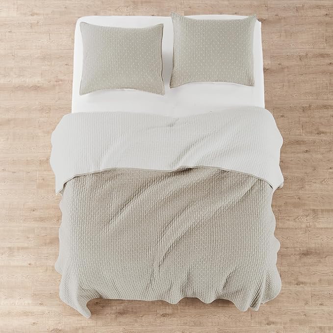 Levtex Home Cross Stitch Reversible King Bedspread Set (120x104in) with 2 Pillow Shams (36x20in) - Stitch Texture - Taupe - Cotton King Size Bedspread Set - Soft, Pre-Washed