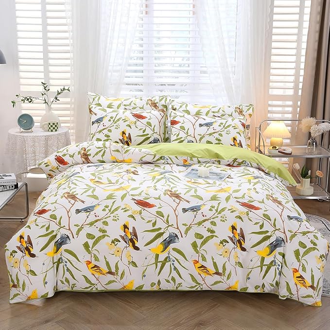 URBONUR Duvet Cover Full Size - 100% Cotton Leaves Birds Floral Full Bedding Set Soft & Breathable Green Comforter Cover with 2 Pillowcases, Button Closure Corner Ties