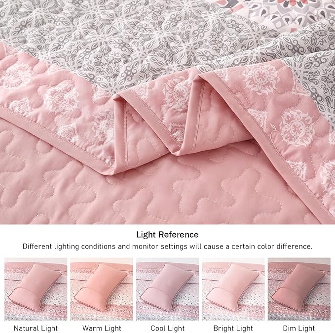 WONGS BEDDING Boho Quilt Set Queen, Bohemian Pink Striped Patchwork Bedspread Coverlet Set with 2 Pillowcases,Lightweight Microfiber Floral Bedding Set 96"×90"