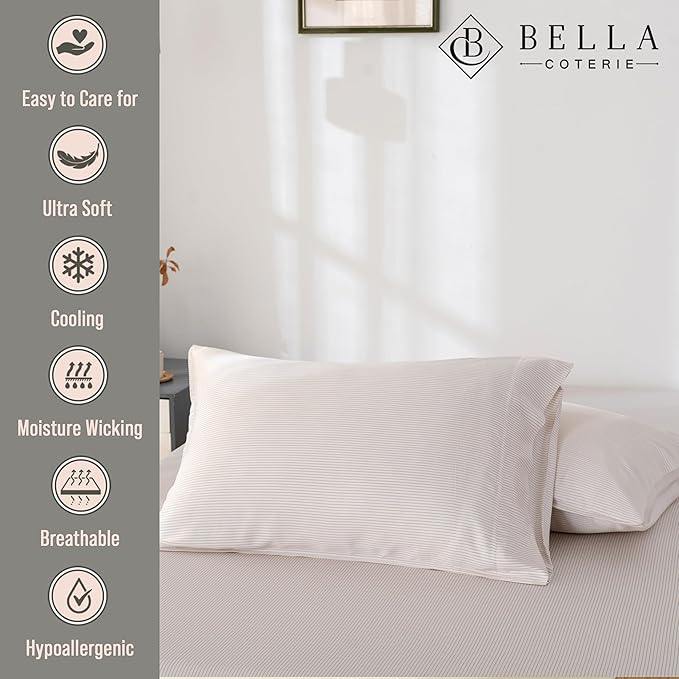 Bella Coterie | Luxury Bamboo Viscose King Size Pillowcase Set | 100% Organically Grown | Ultra Soft | Cooling | 2 Pcs [Striped Dune]