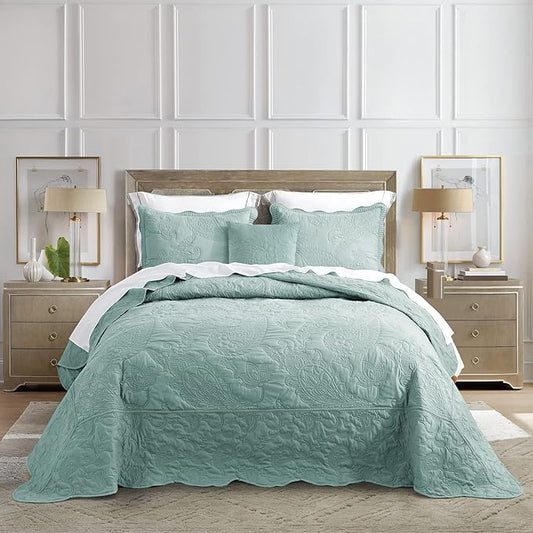HZ & HY Oversized King Bedspread, Quilted Coverlet Bedding Set, Lightweight Thin Comforter, Reversible, Luxurious, 5 Piece, 100% Microfiber, Aqua Sky