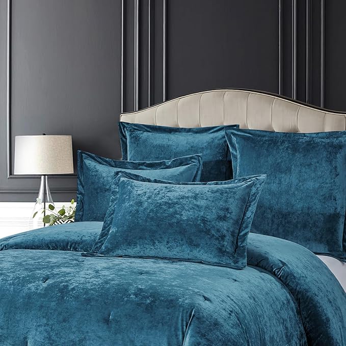 Sunshine Nicole Distressed Velvet Comforter Set, Distressed Velvet Face and Brushed Solid Microfiber Reverse, with Light Weight Soft Poly Fill, 5 Pieces Teal, King