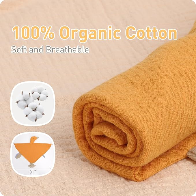 Organic Muslin Cotton Newborn Baby Loveys Security Blanket Soft & Breathable with Tags, Goose Lovies for Baby New Born Boy Girl Unisex Baby Unique Neutral Presents for Babies Newborn Toddler
