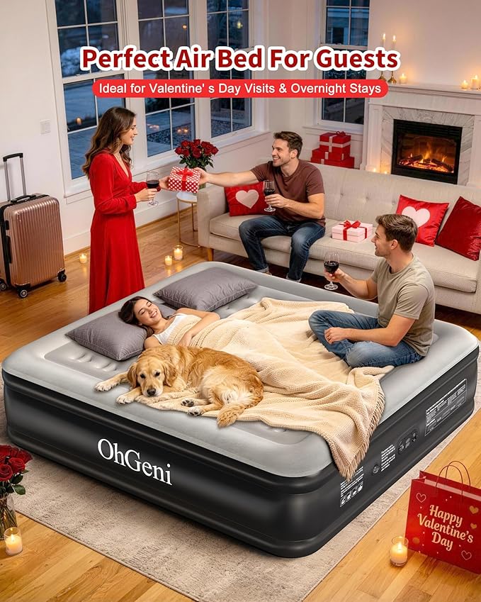 OhGeni King Air Mattress Family Choice Award with Built-in Pump,18'' Comfortable Blow Up Colchones Inflables Mattress for Home,Guests, Portable Air Bed for Adults, Airbed Supports Up to 700 lbs,Black