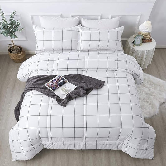 Andency White Grid Comforter Set Full(79x90Inch), 3 Pieces (1 Plaid Comforter and 2 Pillowcases) White Plaid Comforter Set, Lightweight Microfiber Gingham Geometric Comforter Bedding Set