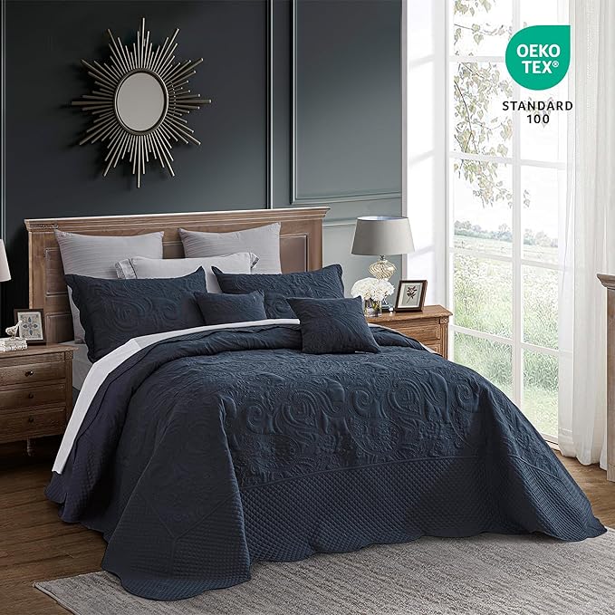 Oversized King Bedspread 128x120 Extra Wide, Paisley Pattern Design, Lightweight Bedding Cover, Reversible, 5 Piece, 100% Microfiber, Navy Blue