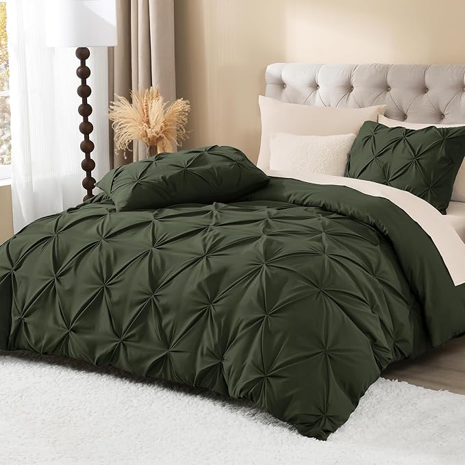 Litanika Olive Green Pinch Pleat Duvet Cover King, 3 Pieces Pintuck Soft Microfiber Bedding Set with Zipper Closure & Corner Ties(104x90Inch-1 Duvet Cover, 2 Pillowcases)