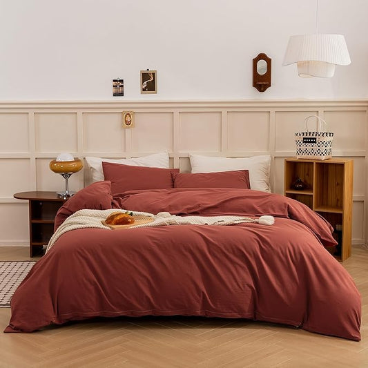 ECOCOTT Duvet Cover King Size - Linen Feel Organic Natural 100% Washed Cotton, Soft Breathable 3 Pieces Bedding Set with Zipper Closure, Burnt Brick Red