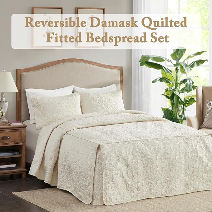 Madison Park Quebec Split Corner Quilted Bedspread Classic Traditional Design All Season, Lightweight, Bedding Set, Matching Shams, King, Damask Quilted Cream 3 Piece