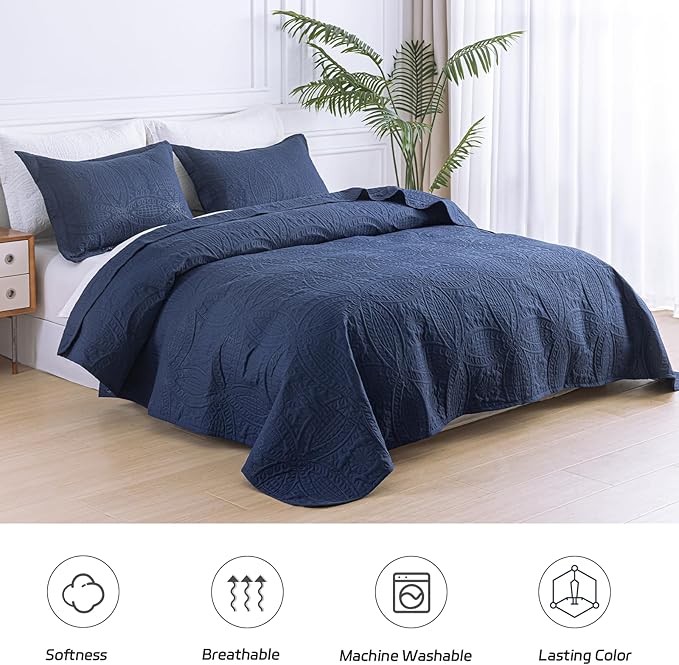 SheRest Queen Quilt Bedding Set - Soft Breathable Bed Quilts, Modern Style Embossed Bedspreads, Lightweight Microfiber Reversible Coverlet for All Seasons, Navy Blue, 3 pieces (1 Quilt,2 Pillow Shams)