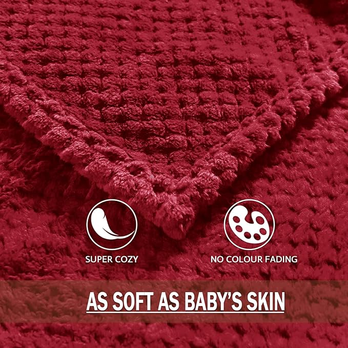 Exclusivo Mezcla Fleece Bed Blanket Twin Size, Super Soft and Warm Blankets for Couch, Sofa and Bed Waffle Textured, Cozy, Fuzzy and Lightweight (Deep Red, 60x80 inches)