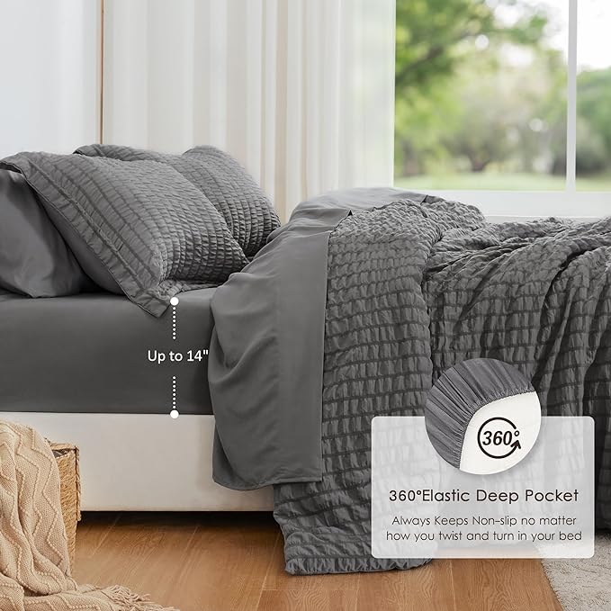 Love's cabin Seersucker Dark Grey Twin XL Comforter Set, 5-Piece All Season Lightweight Bed in a Bag Bedding Set with Comforter, Flat Sheet, Fitted Sheet, Pillowcase and Sham | Soft, Breathable, Lightweight