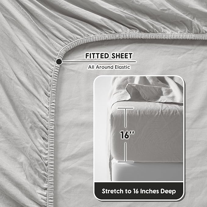 SONORO KATE 100% French Pure Linen Sheets, Breathable and Durable Linen Queen Size Sheets, Anti-Tear Linen Bed Sheets, Machine Washable, 16 Inch Deep Pocket - 4 Piece (Grey, Queen)