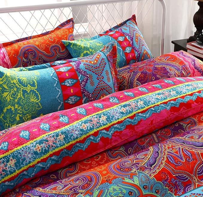 Boho King Duvet Cover, 100% Microfiber Ethnic Bohemian Colorful Bedding Set for Men Women, Yellow Orange Modern Geo Bohemian Print Duvet Cover, with Zipper Closure Luxury Soft Durable (King, 3pcs)