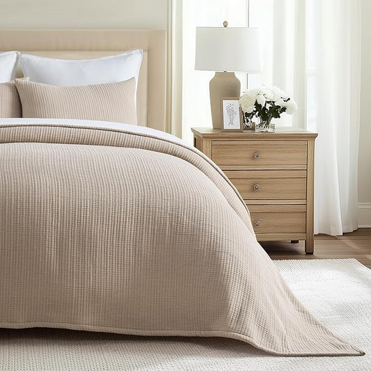 EVERGRACEHOME Cotton Gauze Full Queen Bedspread, Ultra Soft Prewashed Pick Stitch Matelassé Coverlet, Lightweight Textured Oversized Queen Quilt Bedding Set for All Season, with 2 Shams, Khaki Tan