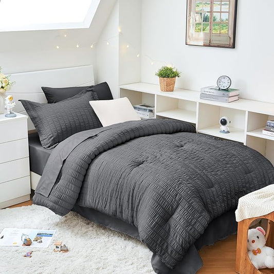 HYMOKEGE Twin XL Comforter Set Seersucker 5 Pieces, All Season Luxury Bed in a Bag for Bedroom, Bedding Set with Comforter, Sheet, Pillowcase & Sham, Dark Grey