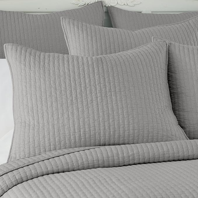 Levtex Home Cross Stitch Reversible King/Cal King Quilt Set (106x92in) and 2 Pillow Shams (36x20in) - Stitch Texture - Light Grey - Cotton King Size Quilt Bedding Set - Lightweight, Soft, Pre-Washed