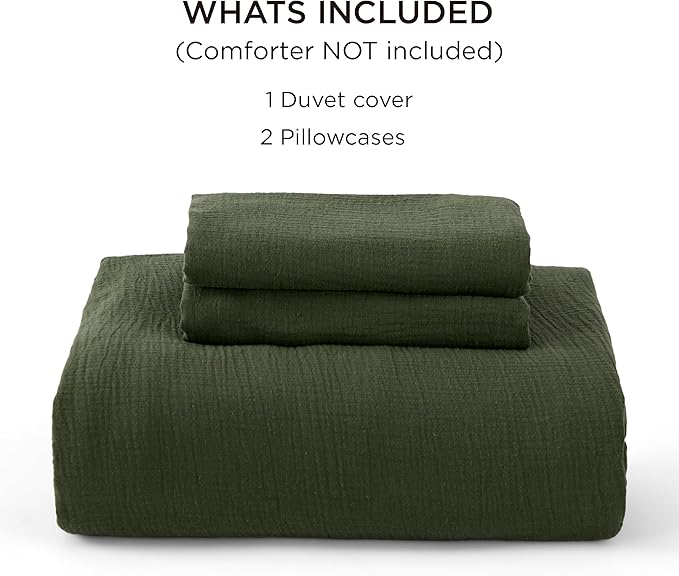 Bedsure 100% Muslin Cotton Duvet Cover Queen Size - Ultra-Soft, Breathable & Lightweight - Linen Like Gauze Comforter Cover Set with Button Closure and Corner Ties (Olive Green, Queen, 90"x90")