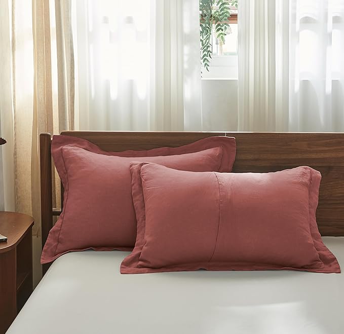 Simple&Opulence 100% Washed Linen Duvet Cover Set with Embroidered,3 Pieces Soft Farmhouse Comforter Set with Button Closure,1 Duvet Cover and 2 Pillowshams(King,Coral Red)