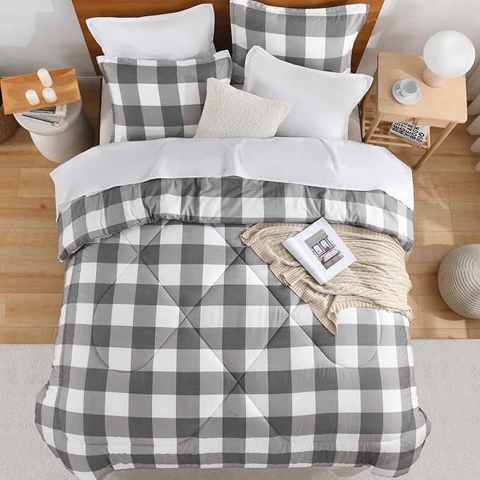 Andency Plaid Comforter Twin(66x90Inch), Gray White Checkered Gingham Buffalo Bed Set for Boys Teens, Lightweight Bedding, 2 Pieces(1 Comforter & 1 Pillowcase)
