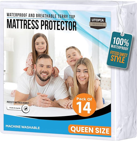 Utopia Bedding Waterproof Mattress Protector Queen Size 14 Pack, Premium 200 GSM Terry Mattress Cover, Soft & Breathable Bed Cover, Fitted Sheet Style with Stretchable Deep Pockets 17" (White)