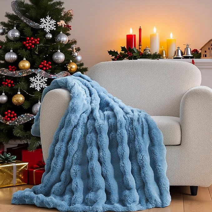 Lotus Karen Faux Fur Throw Blanket Sky Blue - Big Bubble Rabbit Fluff Blanket for Couch Bed Sofa,Softest Fluffy Fuzzy Cozy Blanket,Thick Furry Plush Shaggy Warm Blankets for Women,108x90 Inches