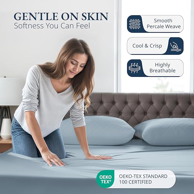 LANE LINEN Fitted Sheet Full Size - 100% Organic Cotton, 3Pc Set (1 Fitted Sheet, 2 Pillowcases) Percale Weave, Bed Fitted Sheets, Breathable, Fits Mattress Upto 15" Deep -French Blue (No Flat Sheet)