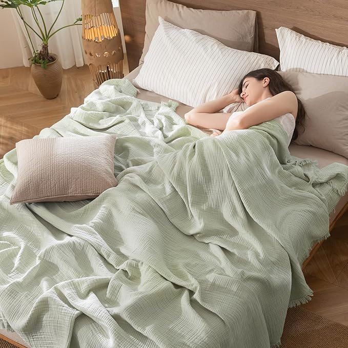 MooMee Muslin Blanket - 100% Cotton 4-Layer Gauze Throw Blanket with Tassels Ultra-Soft Breathable Lightweight Cooling for Bed Couch (Sage Green,Super King 108" x 98")