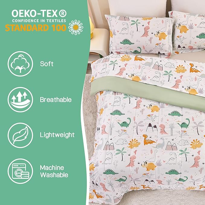 Yibeizi Dinosaur Kids Comforter Set for Boys Twin, Cute Quilted Dino Printed Bedding Set with Pillow Sham, Lightweight Soft Breathable Machine Washable Bed Set 2 Piece