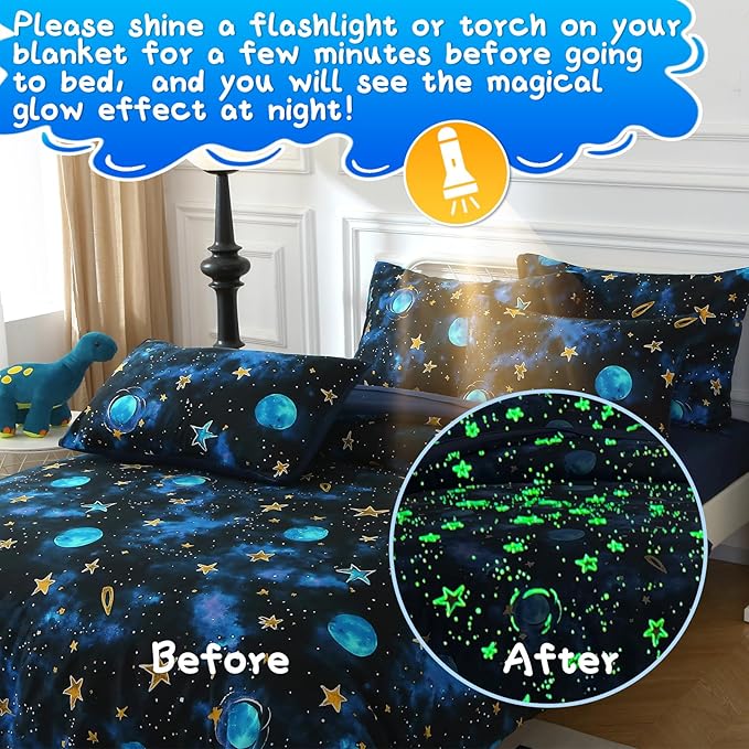 Glow in The Dark Kids Comforter Set, 7 Pieces Blue Space Bedding Set Full Size for Boys Girls Teen, 1 Comforter, 2 Pillowcases, 2 Pillow Shams, 1 Flat Sheet, 1 Fitted Sheet