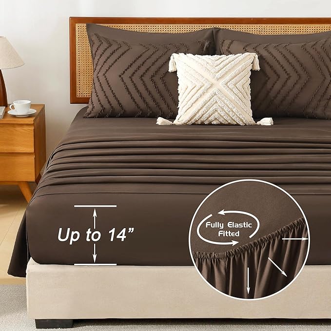 Litanika Oversized King Size Comforter Set with Sheets Brown - 7 Pieces Bed in a Bag Oversized King Boho Tufted Complete Bedding Sets with Comforter, Sheets, Pillowcases & Shams