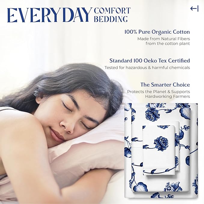 Mayfair Linen 100% Organic Cotton Printed Sheets King Size - 4 PC Organic Cotton Percale Sheets King Set (Floral Blue), Cooling & Breathable Bedsheets, 16" Deep Pocket Hotel Bedding - GOTS Certified