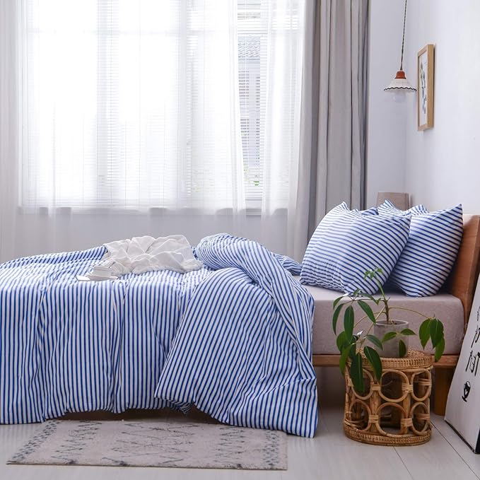 JELLYMONI 100% Natural Cotton 2pcs Striped Duvet Cover Sets,White Duvet Cover with Blue Stripes Pattern Printed Comforter Cover,with Zipper Closure & Corner Ties(Twin Size)