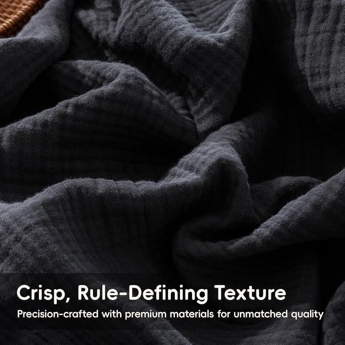 MooMee Muslin Blanket - 100% Cotton 4-Layer Gauze Throw Blanket with All-Around Fringe, Ultra-Soft Breathable Lightweight Cooling Decorative for Bed, Sofa & Couch (Dark Grey,Twin XL 66" x 90")