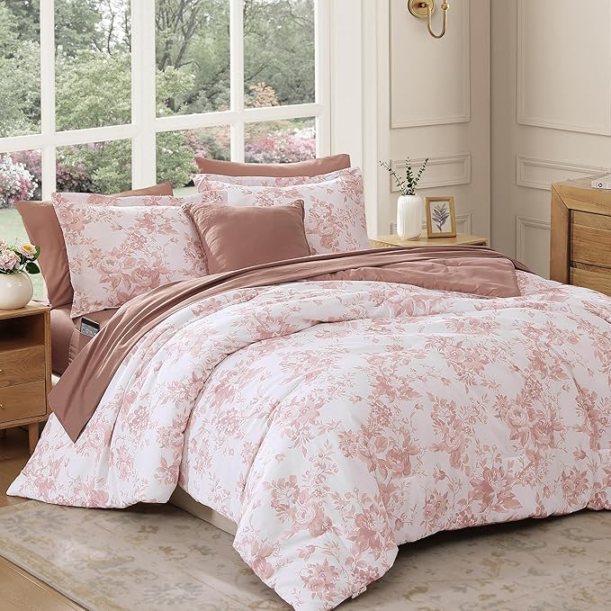 Queen Comforter Set -7 Pieces Pink Floral Comforter Set for All Seasons, Bed in a Bag Queen with Botanical Flowers Comforter, Sheets, Pillowcases & Shams