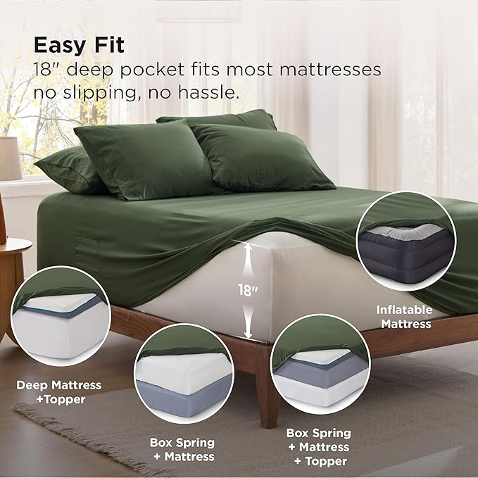 Bedsure Deep Pocket Queen Sheets - 6 Piece, Prewashed Ultra-Soft Queen Sheet Set, Fits Mattresses Up to 18 Inches Thick, Breathable & Secure Fit, Hotel Luxury Bedding, Olive Green