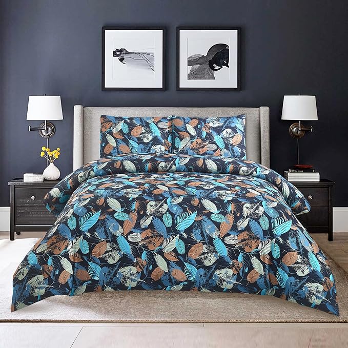 Style Quarters Queen Size Duvet Cover-Leaves Pattern Queen Duvet Cover Set 3PCS Soft Bedding Set Includes 1 Duvet Cover and 2 Pillow Shams 100% Washed Microfiber Duvet Cover with Zipper & Ties