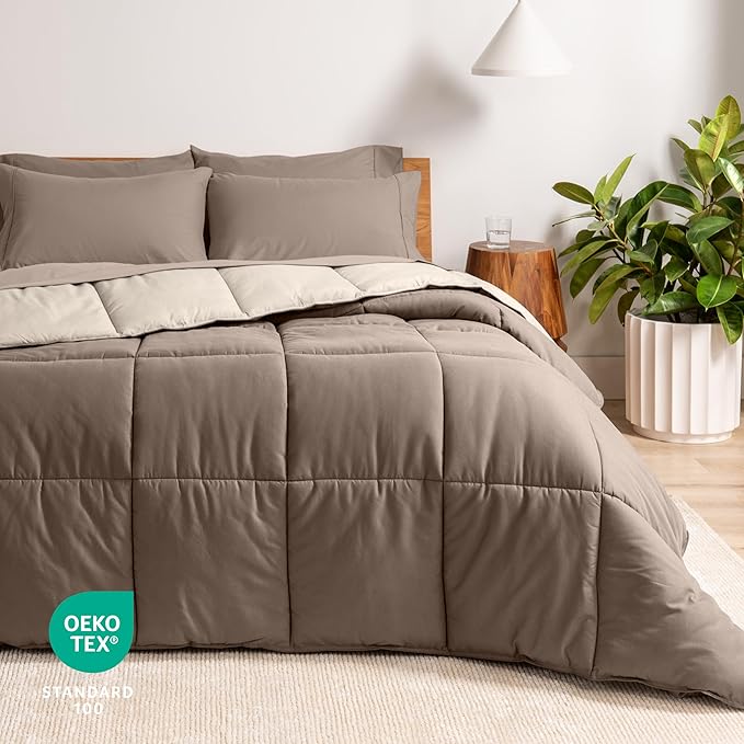 Bare Home Reversible Bed-in-A-Bag Comforter & Sheet Set - Twin Extra Long - Down Alternative - Soft - Bedding Set (Twin XL, Taupe/Sand, Taupe)